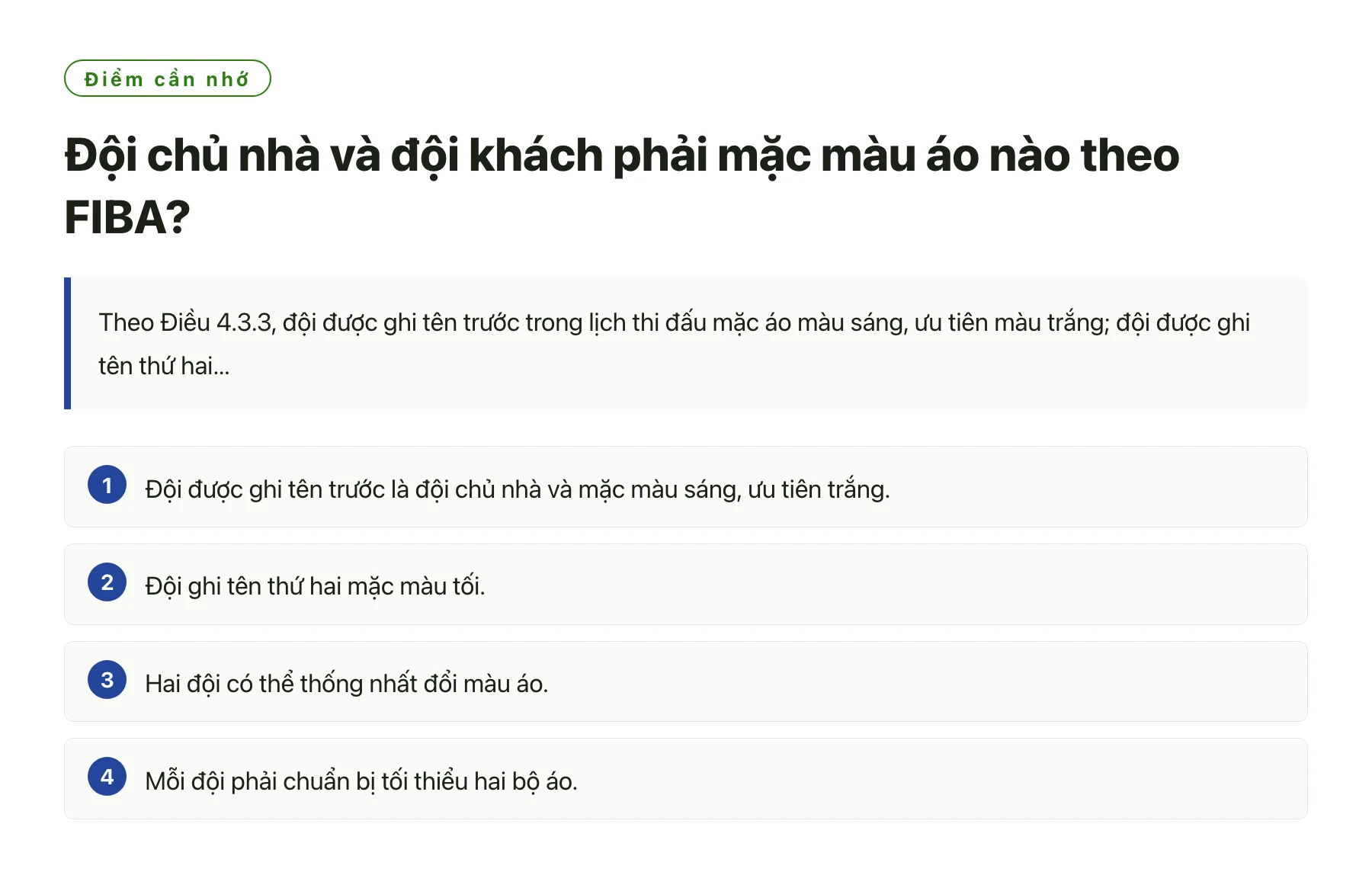 Đội chủ nhà và đội khách phải mặc màu áo nào theo FIBA?——全文要点速览